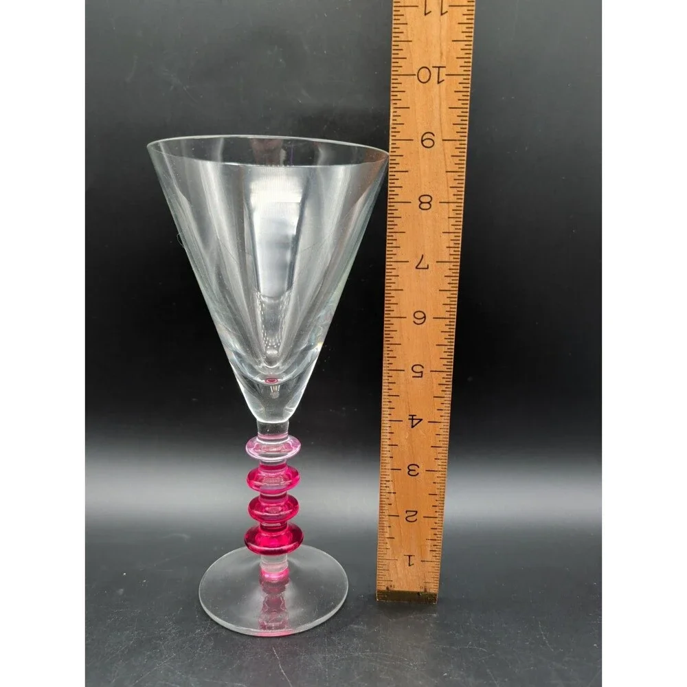 Vtg Pier 1 P1C18 Pink Stacked Ring Stem Water Goblet Wine Glass Clear V Bowl